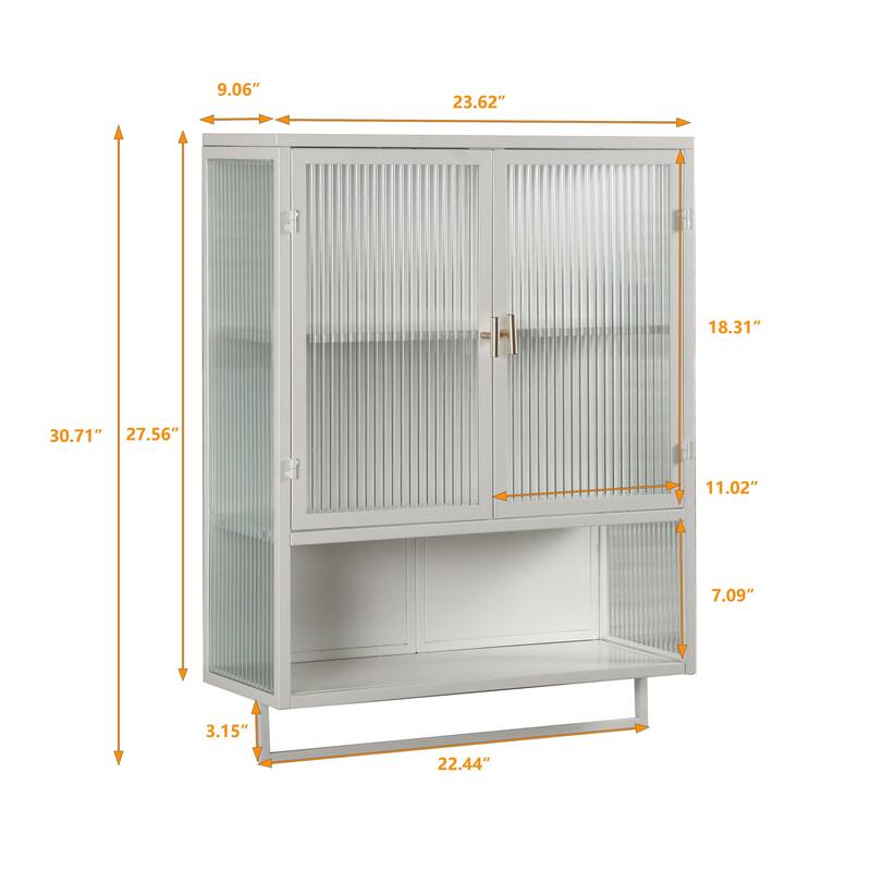 Wall-Mounted Black Sideboard with Fluted Tempered Glass, Two-Tier Storage Cabinet and Open Shelf