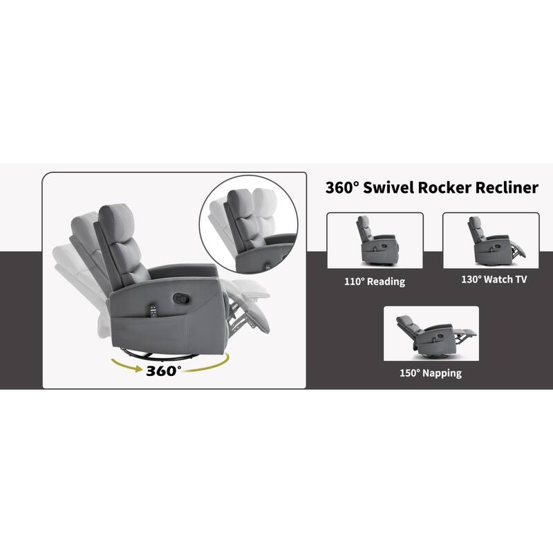 Roomfitters Manual Swivel Rocker Recliner Chair with Heat and Massage Fabric Glider Lounge Sofa for Living Room