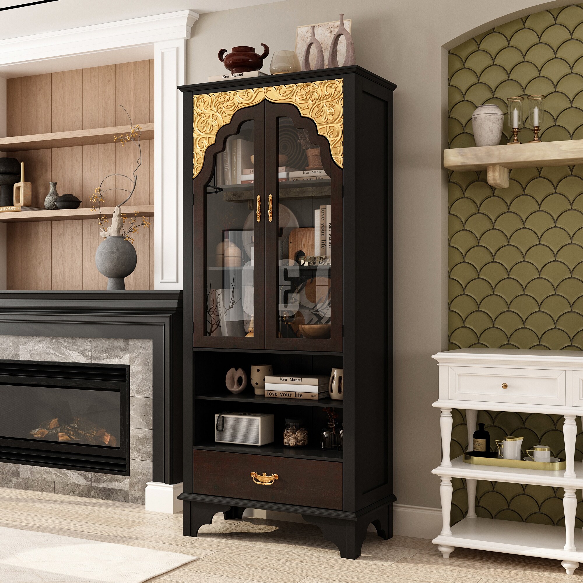 Tall Display Cabinet with Glass Doors and Drawer, Oriental Style
