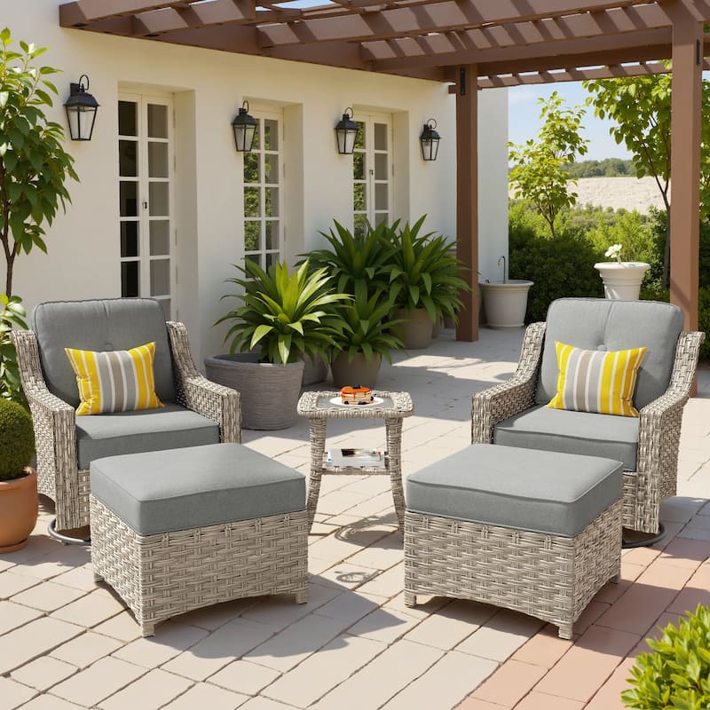 OVIOS 5 Pieces Outdoor Wicker Curved Swivel Chair Set With Ottoman - DarkGrey