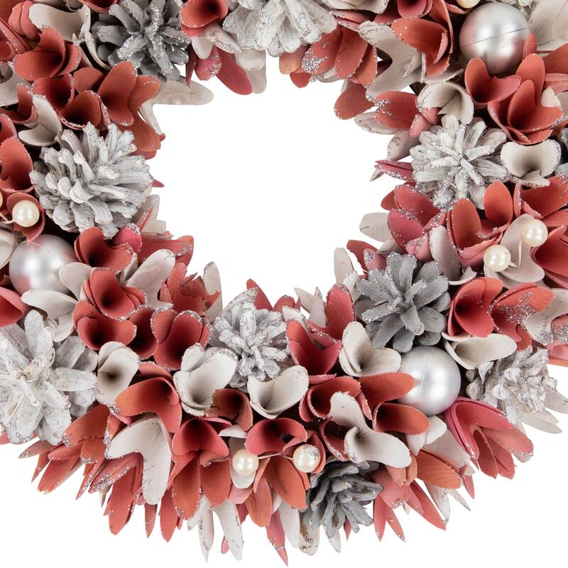 13" Pink and White Wooden Floral Christmas Wreath with Pinecones
