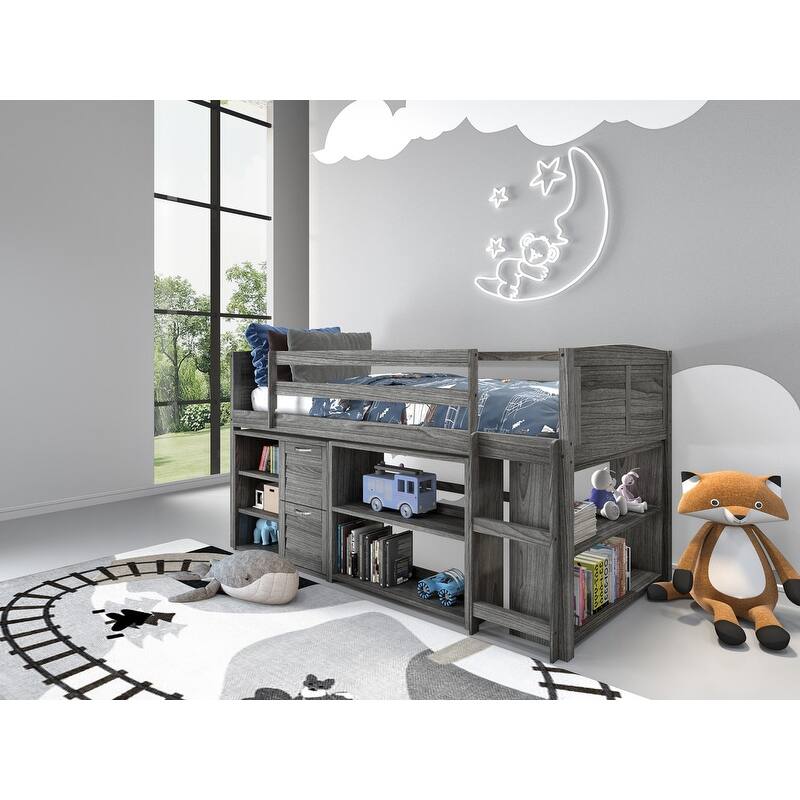 Taylor & Olive Dardanelle Grey Wood Twin Low Loft Bed - Twin Loft - 2 Drawer Chest, Bookcase, Small Bookcase