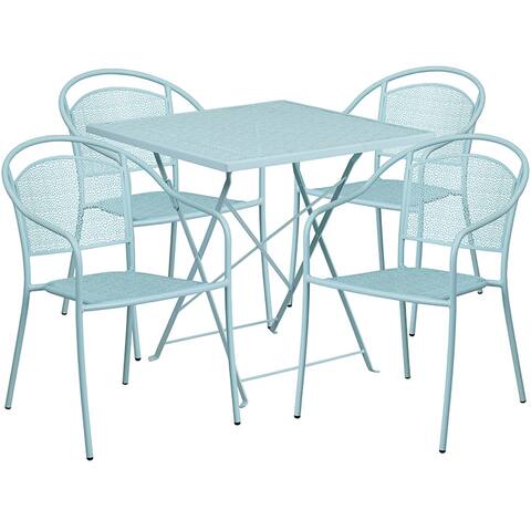 Offex 28" Square Sky Blue Patio Table Set with 4 Round Back Chairs