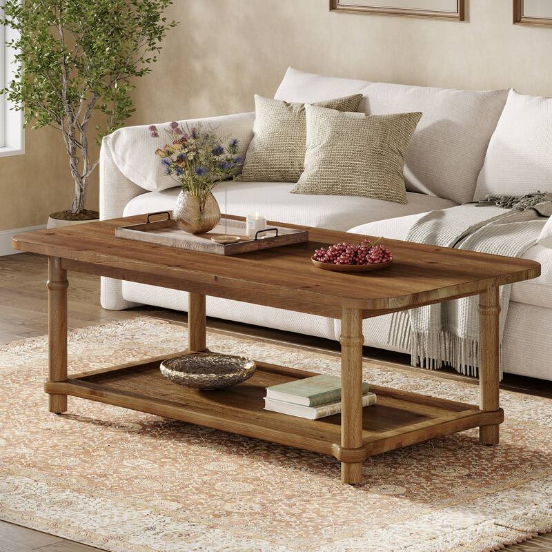 47" Rectangle Coffee Table, Solid Wood Center Table with 2-Tier Storage