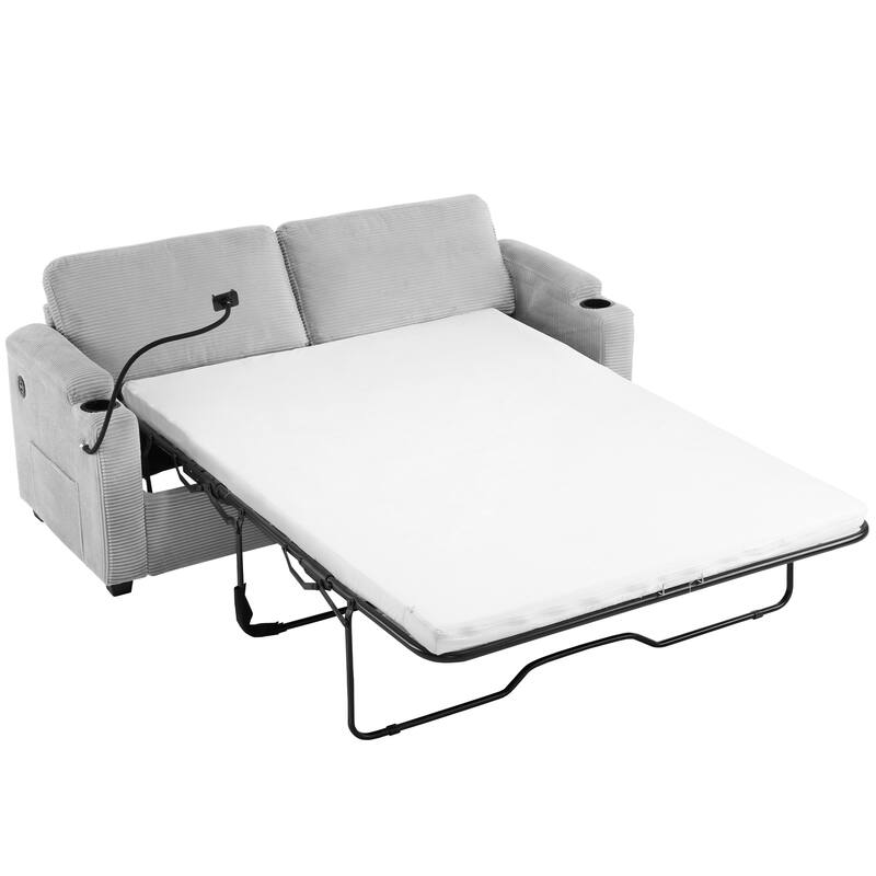 Roomfitters Corduroy Sleeper Sofa Loveseat with Full-Size Mattress, USB Ports, Cup Holders, Side Pockets