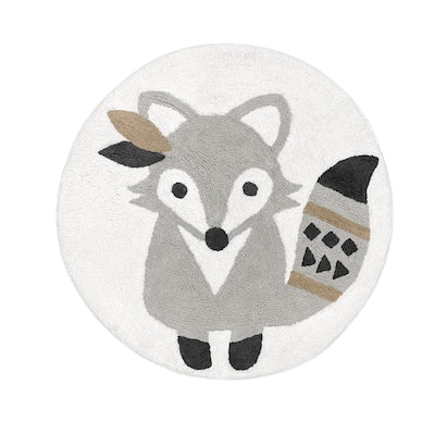 Woodland Fox Collection Accent Floor Rug (2'5" Round) - Beige, Grey and White Boho Bohemian Animal Forest Friends - 2' x 3'