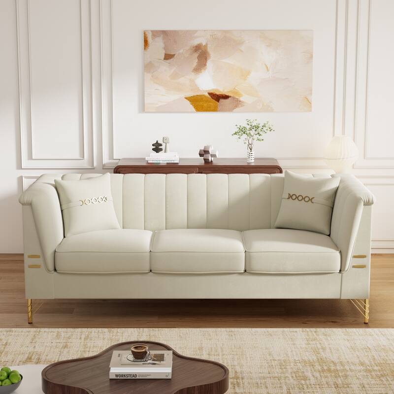Chesterfield Velvet Button Tufted Sofa, Luxury 3-Seater Couch with 2 Pillows