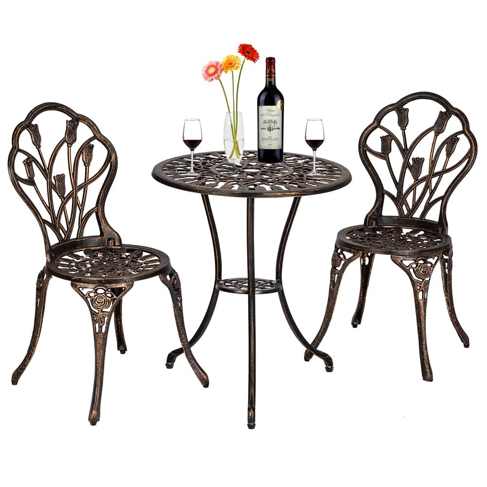 Outdoor 3 Piece Tulip Bistro Set of Table and Chairs Bronze