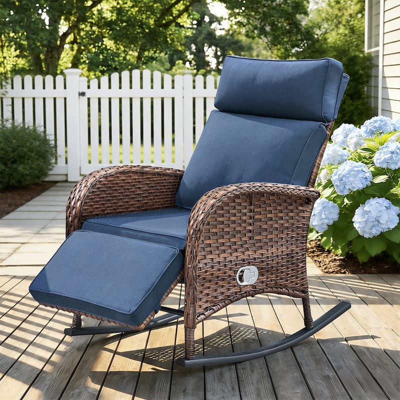 Pocassy Outdoor Curved Rocker Chaise Lounge Chairs with Side Table Set. - Brown Wicker with Blue Cushion - 1 Piece Rocker Recliner Chair