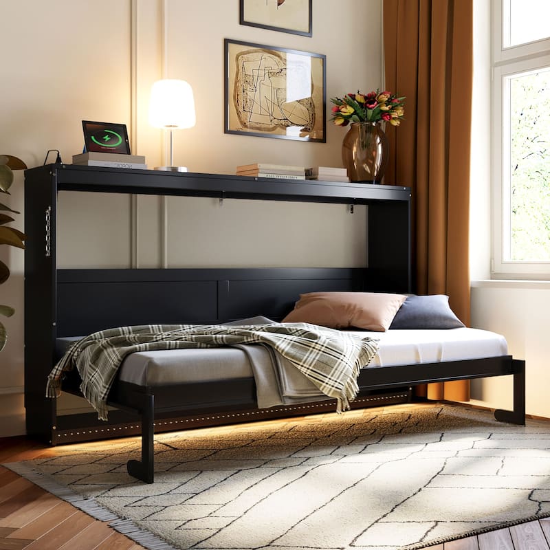 Side-Folding Printed Murphy Bed with LED and USB - Black - Twin