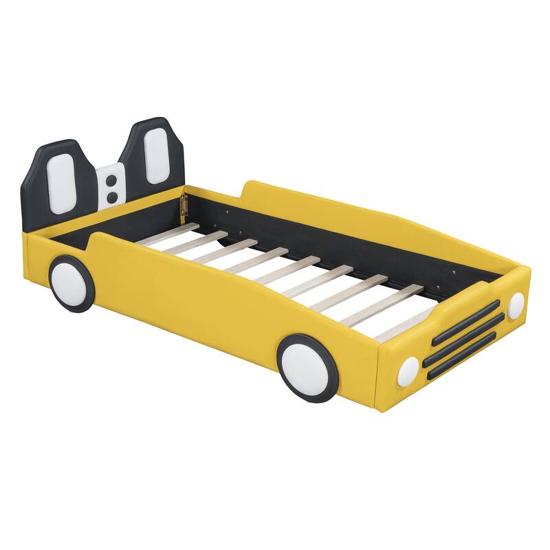 Twin Size Race Car-Shaped Platform Bed with Wheels, Yellow