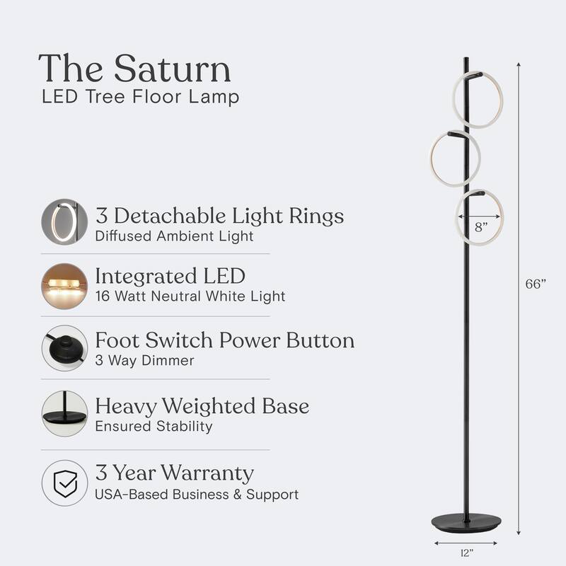 Brightech Saturn 66 in. Industrial 3-Light 3-Way Dimming LED Floor Lamp with 3 Replaceable LED Rings