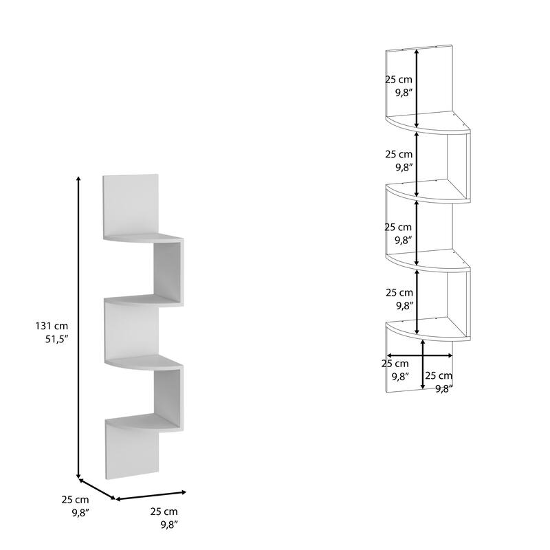 Roy Corner Floating Shelf, Modern 4-Tier Display, White
