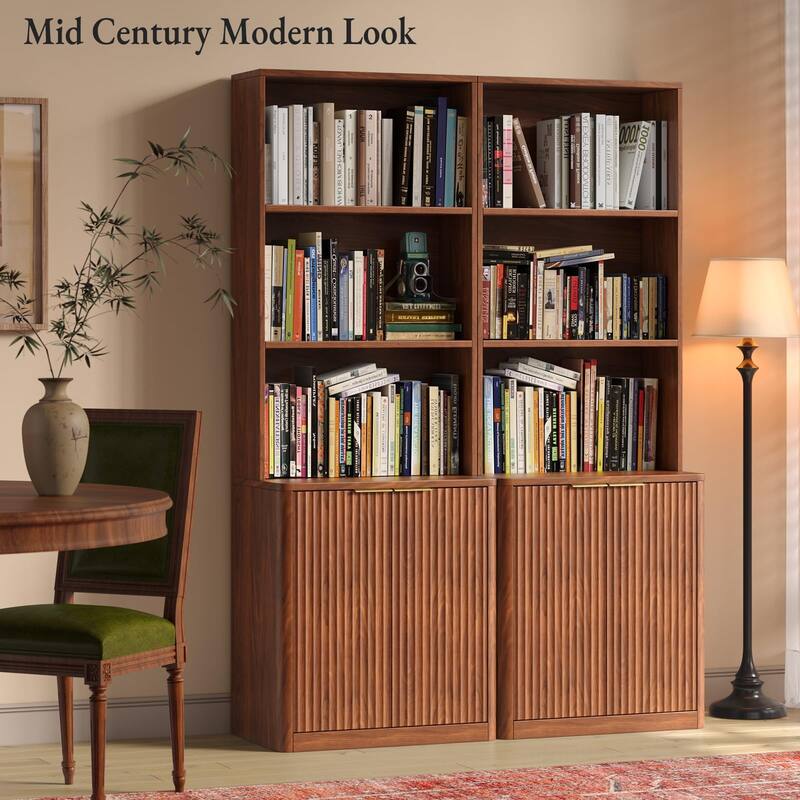 71" Walnut Bookcase with Doors Set of 2, 5 Tier Fluted Tall Bookshelf with Storage