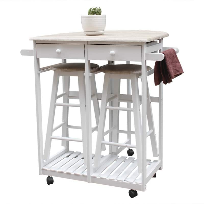 Foldable Wooden Handle Dining Set Kitchen Cart With Round Stools