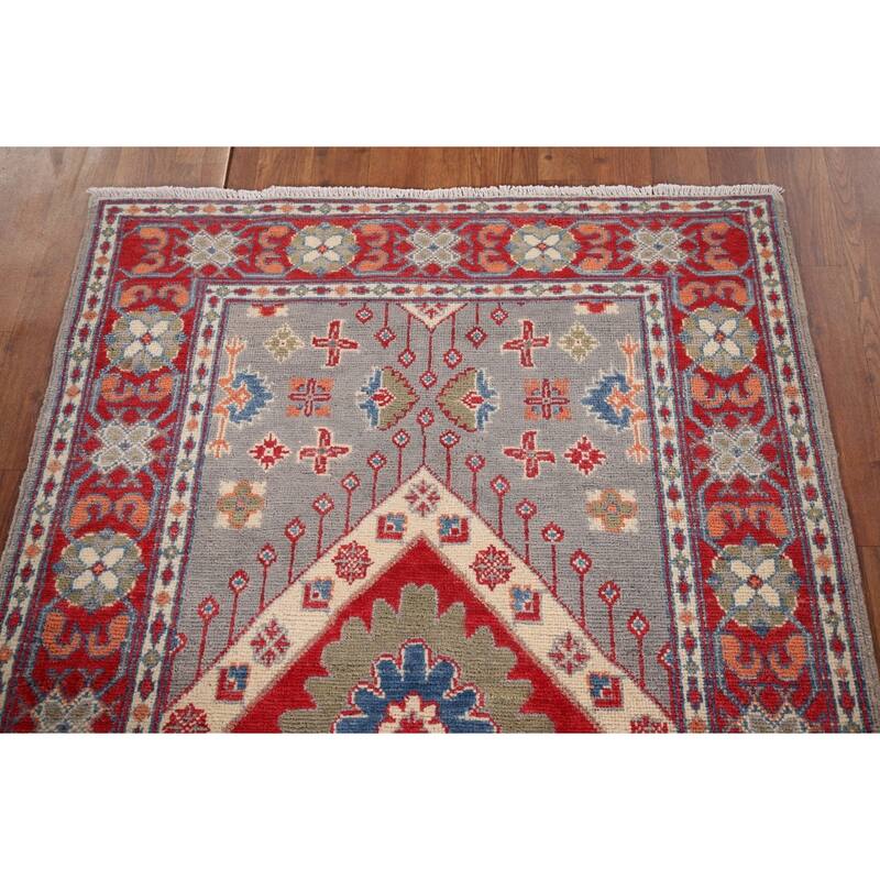 Gray Geometric Kazak Foyer Rug Hand-Knotted Hallway Wool Carpet - 3'3" x 4'4"