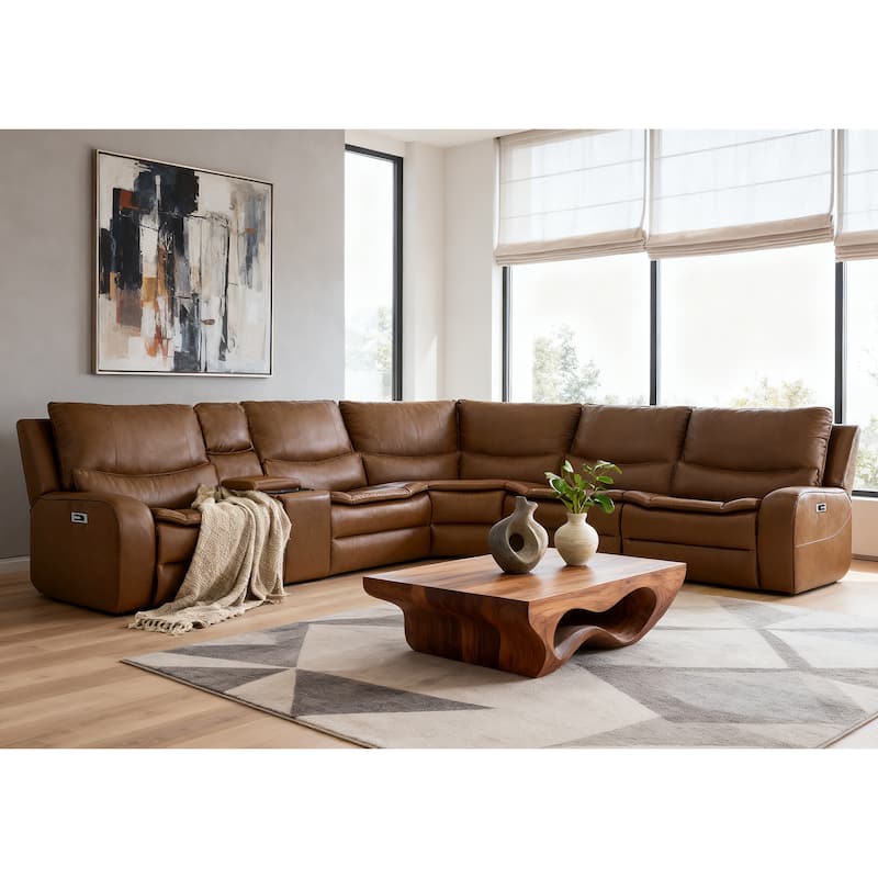 6PCS, 2 Power Recliners, Faux Leather Sectional with Adjustable Headrests, Dodble Width Seat, Wireless Charging and Reading Lamp - Light Brown