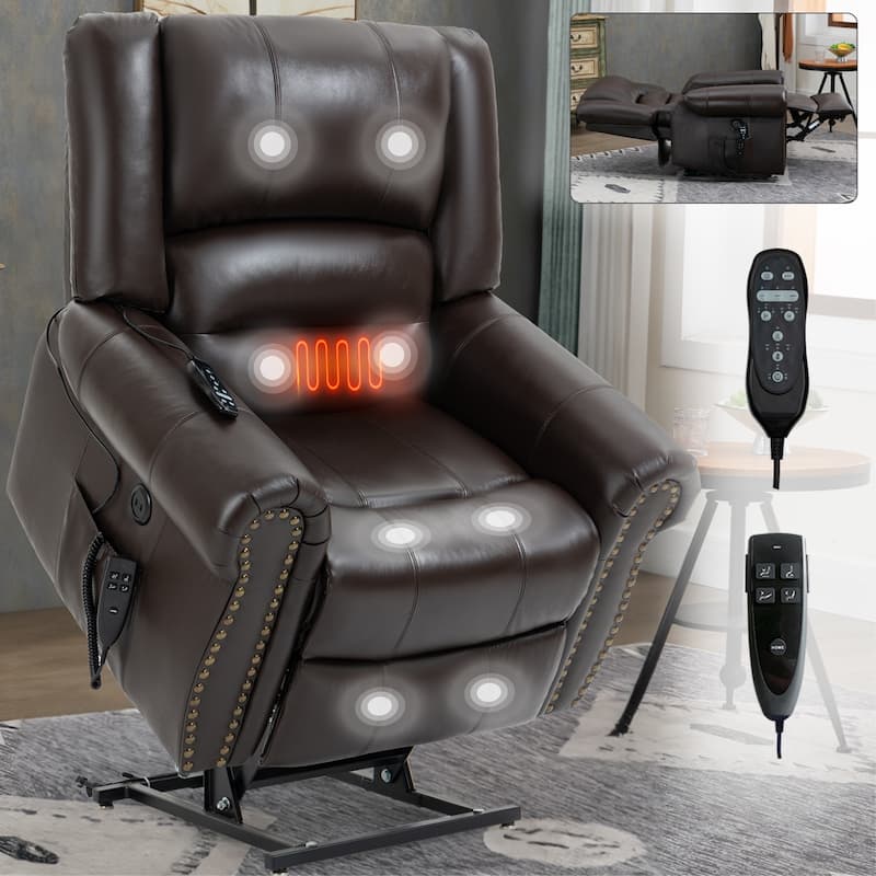 Brown Genuine Leather Power Lift Recliner with Dual Motors, Heated Massage, USB Ports, and Adjustable Recline