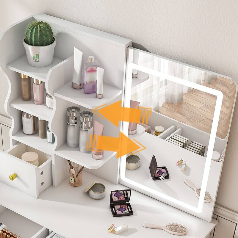 Vanity Desk with Sliding Mirror and Lights White Makeup Vanities with 5 Drawers ，movable and hidden mirror
