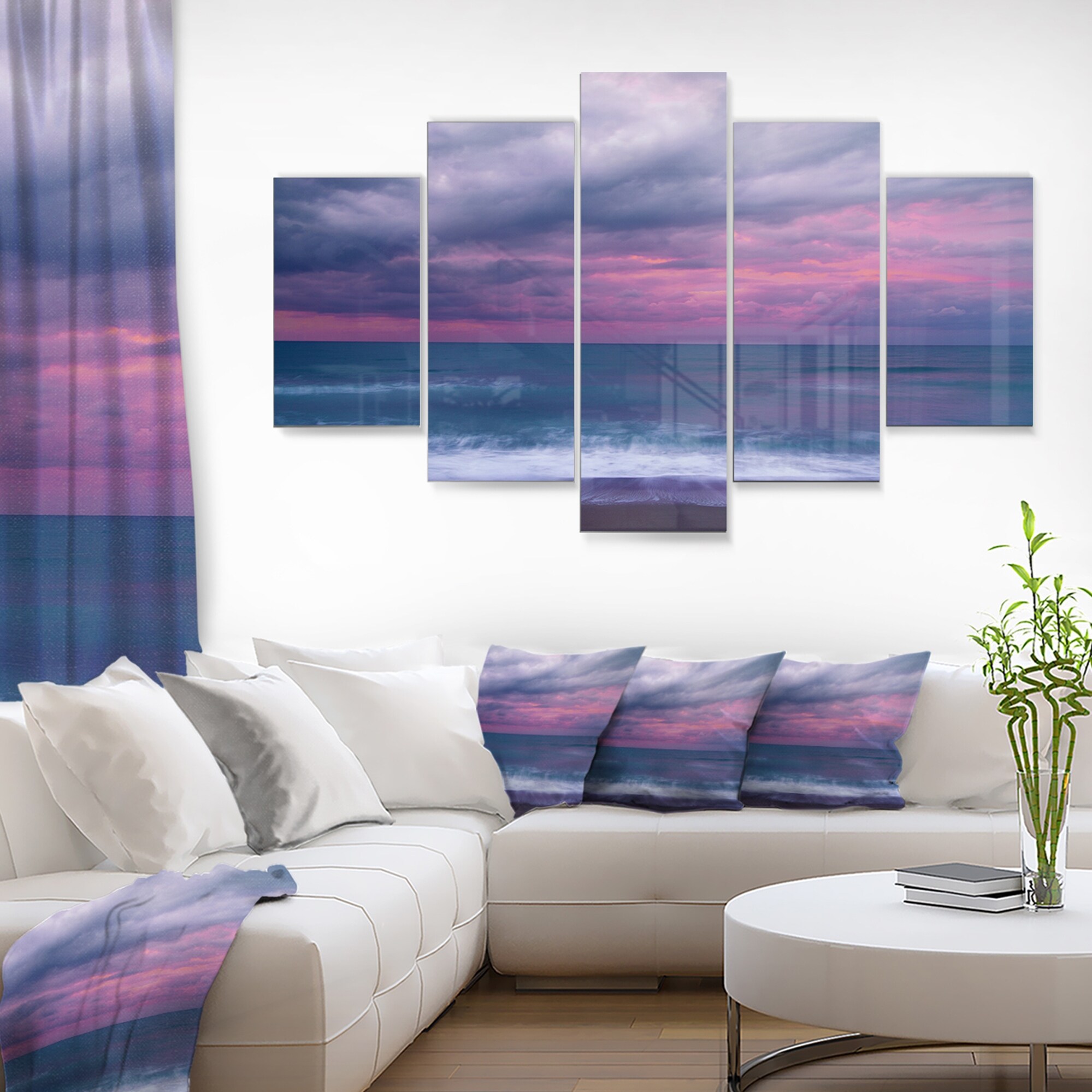 Designart 'Blue and Pink Unset over Sea' Modern Seashore  Oversized-image