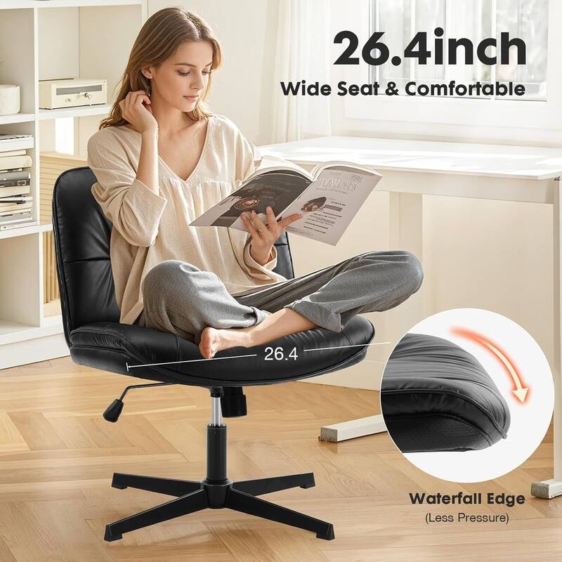 PU Leather Tilt Wide Seat Ergonomic Task Chair with Armless, Criss Cross Legged and No Wheels