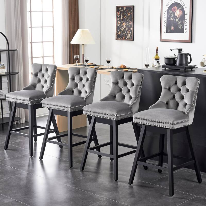 26"/30" Velvet Upholstered Swivel Counter or Bar Height Stools, Set of 4 - Grey - Counter Height