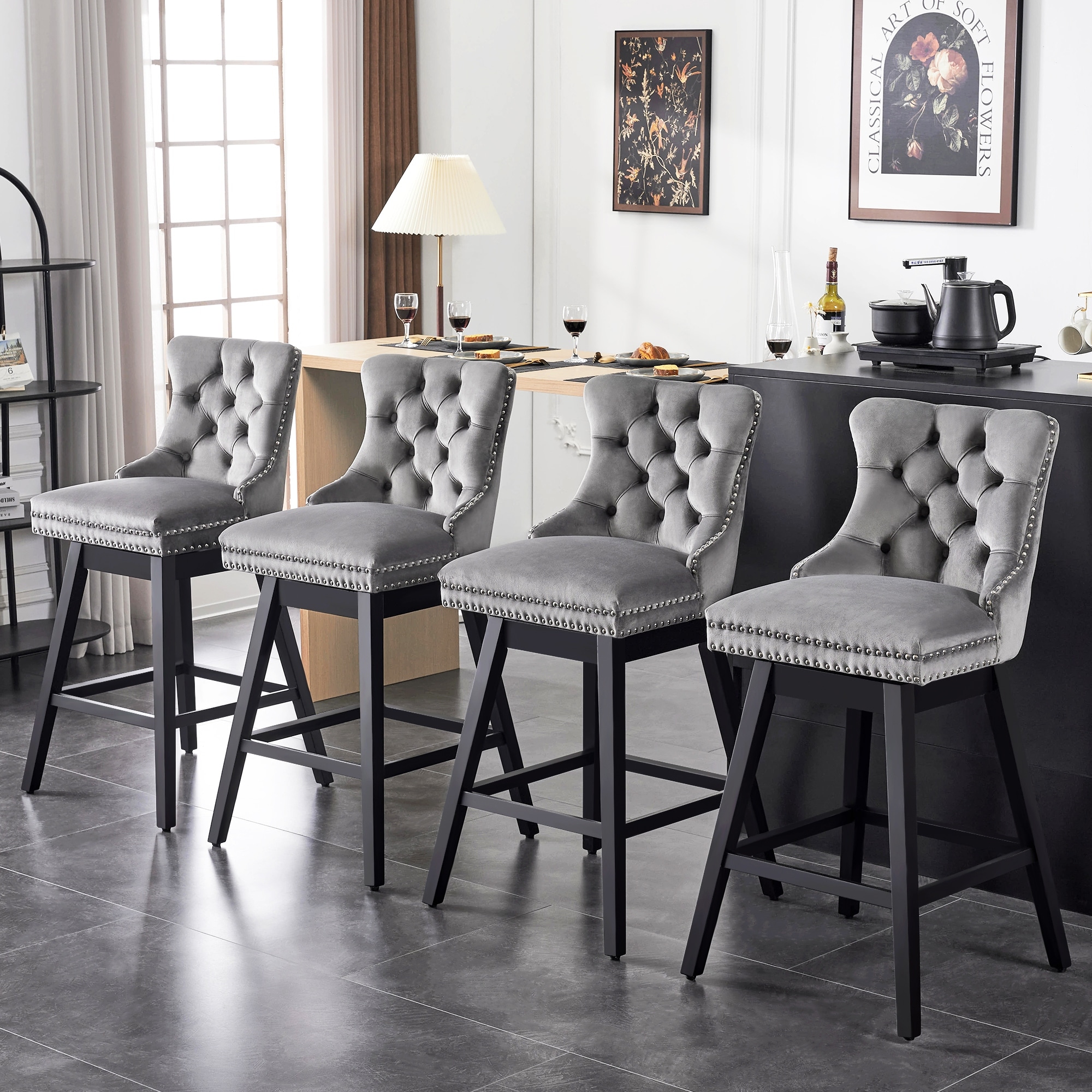 26"/30" Velvet Upholstered Solid Wood Counter and Bar Height Swivel Bar Stools