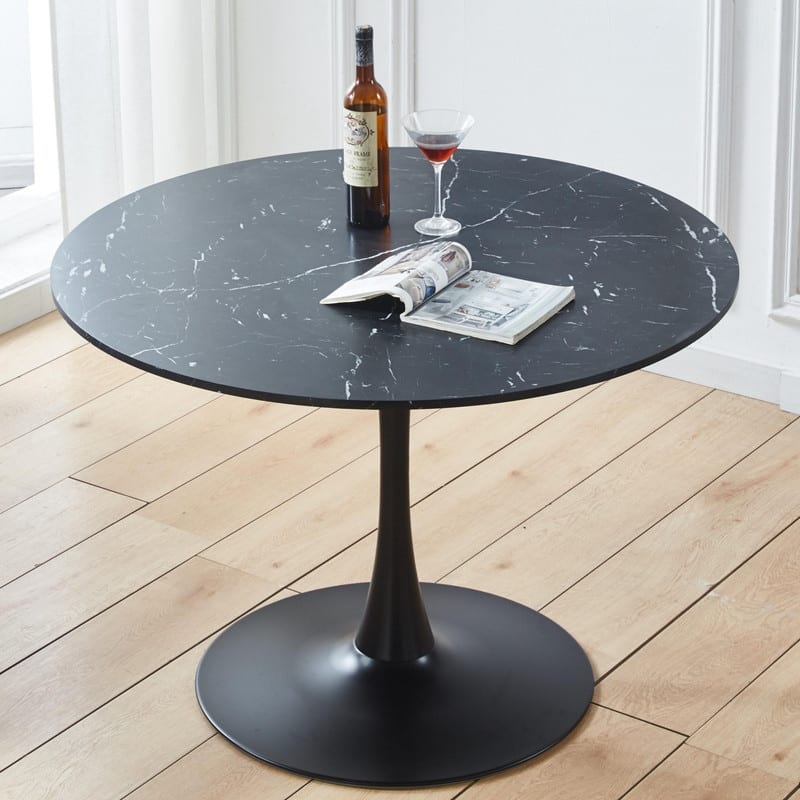 42.1" Tulip Dining Table With Round Marble Pattern Table Top for 4-6 People - Black