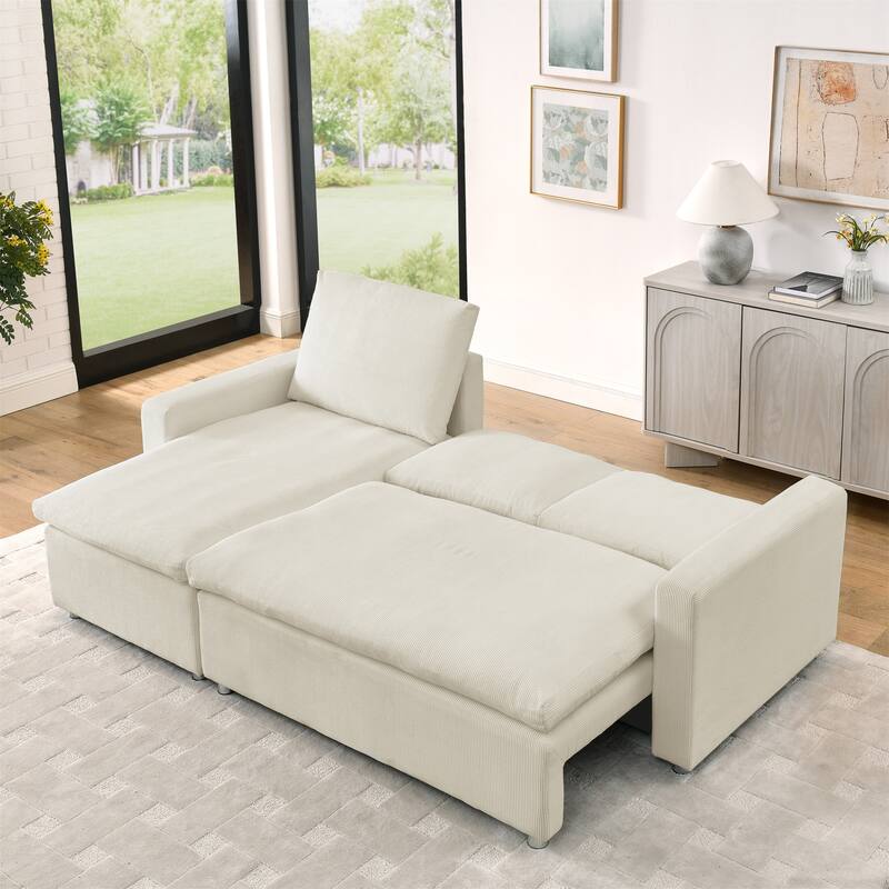 L Shaped Sofa Convertible Pull-out Sleeper Sofa Bed, Living Room Sectional Daybed with Storage Chaise, Corduroy Recliner - Beige