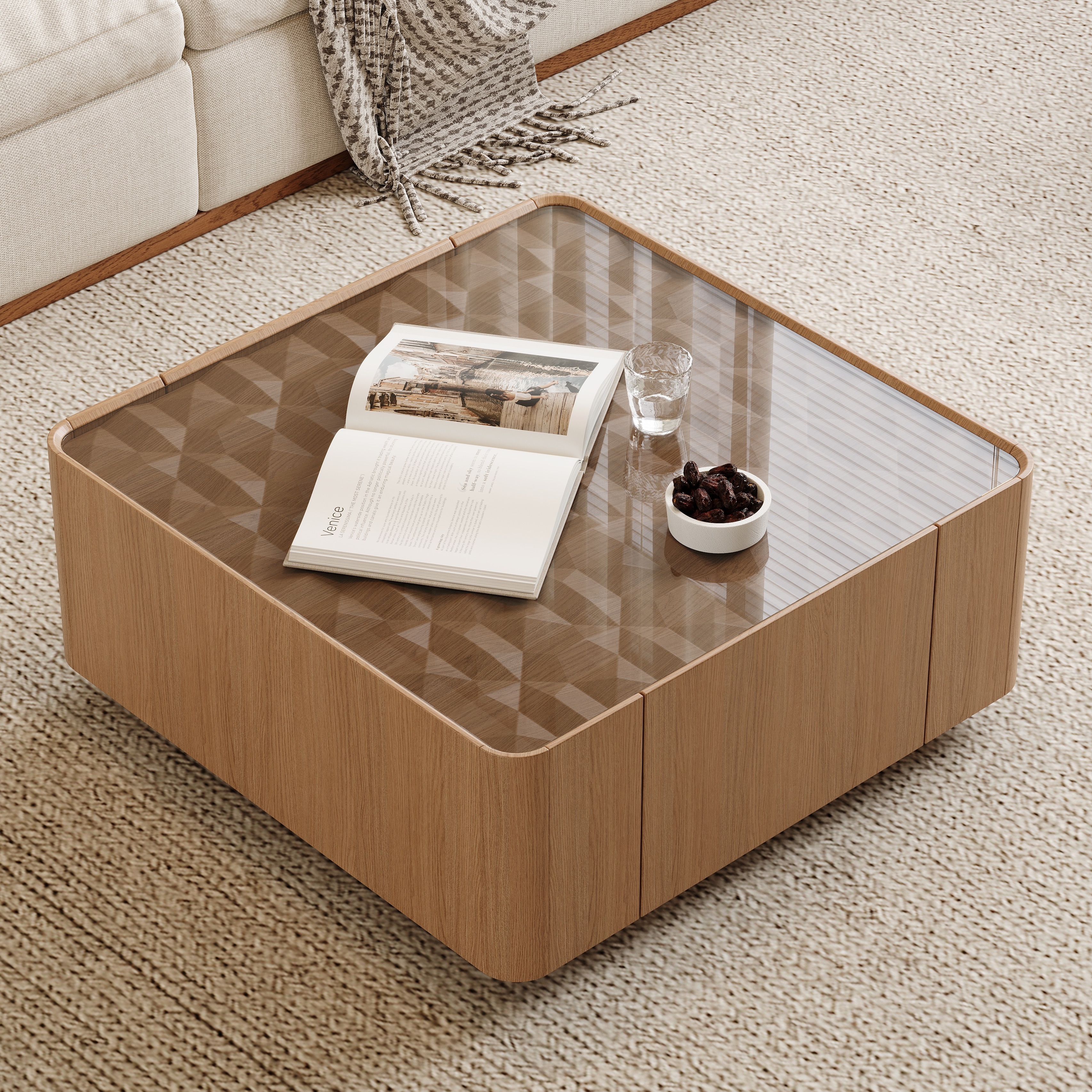 Modern Walnut MDF Coffee Table with Glass Top and Storage Drawers Square Design by GDFStudio