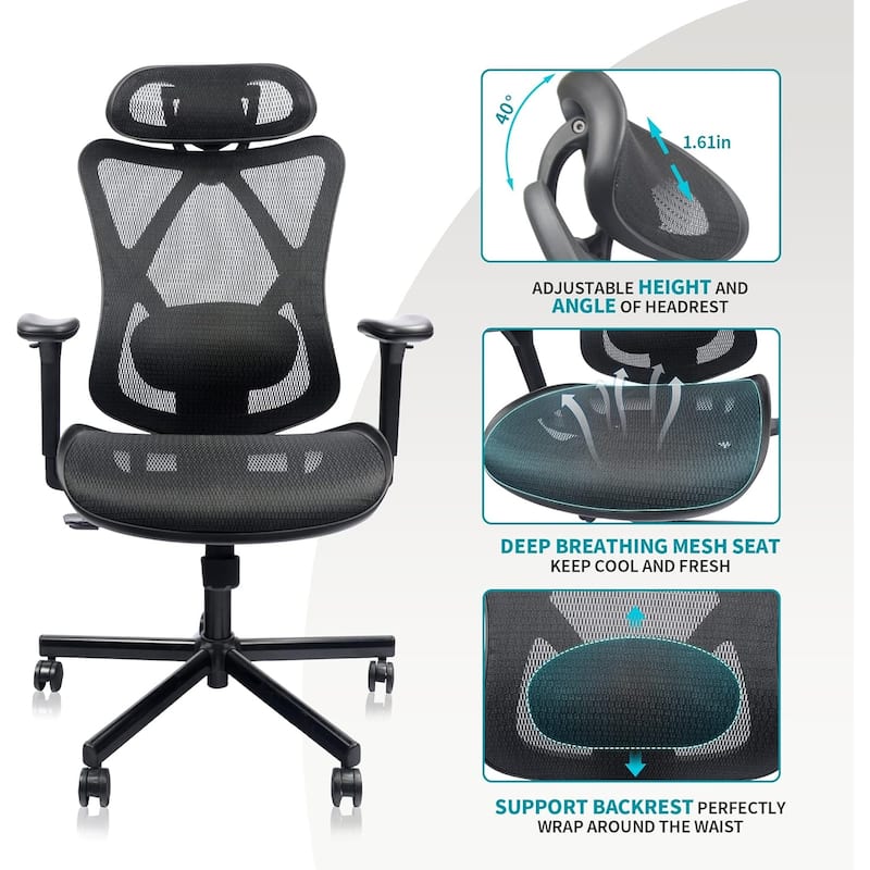 Ergonomic Mesh Office Chair with Adjustable Lumbar Support Headrest and Reclining Function for Home and Office