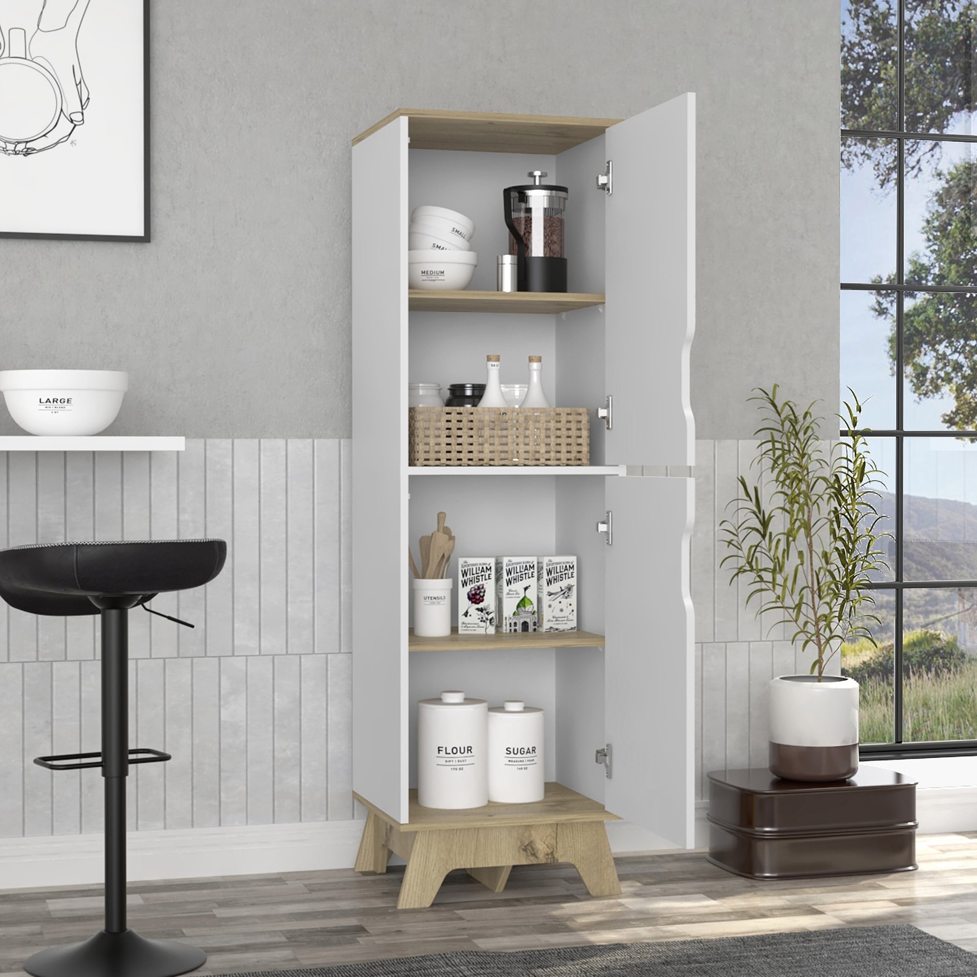 Kitchen 2 Door Pantry Cabinet Light Oak and White Bed Bath