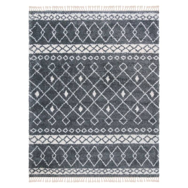 Gertmenian Limmet Clara Moroccan Bohemian Charcoal Grey/Ivory Plush Fringe Shag Area Rug