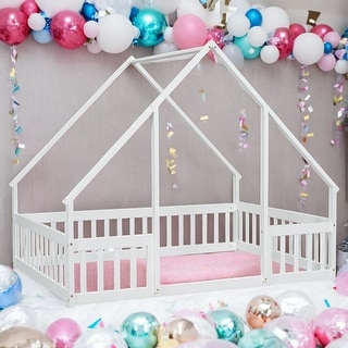 Full Size Wood House-Shaped Floor Bed with Fence and Guardrails, White