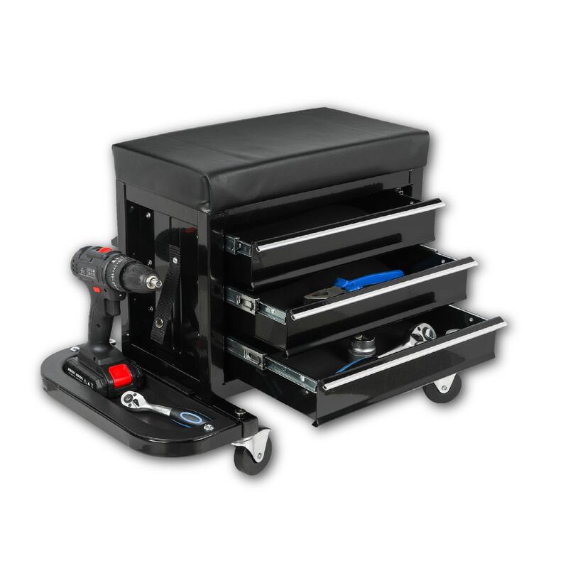 3-Drawer Tool Chest Rolling Mechanic Seat with Tool Trays - Black