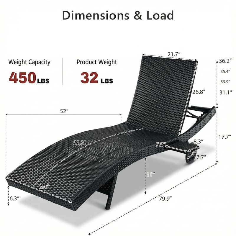 80"Patio Chaise Lounge Chairs Set of 2, Rattan Reclining Chair w/Rolling Wheels & Pull-out Side Table, Adjustable Backrest
