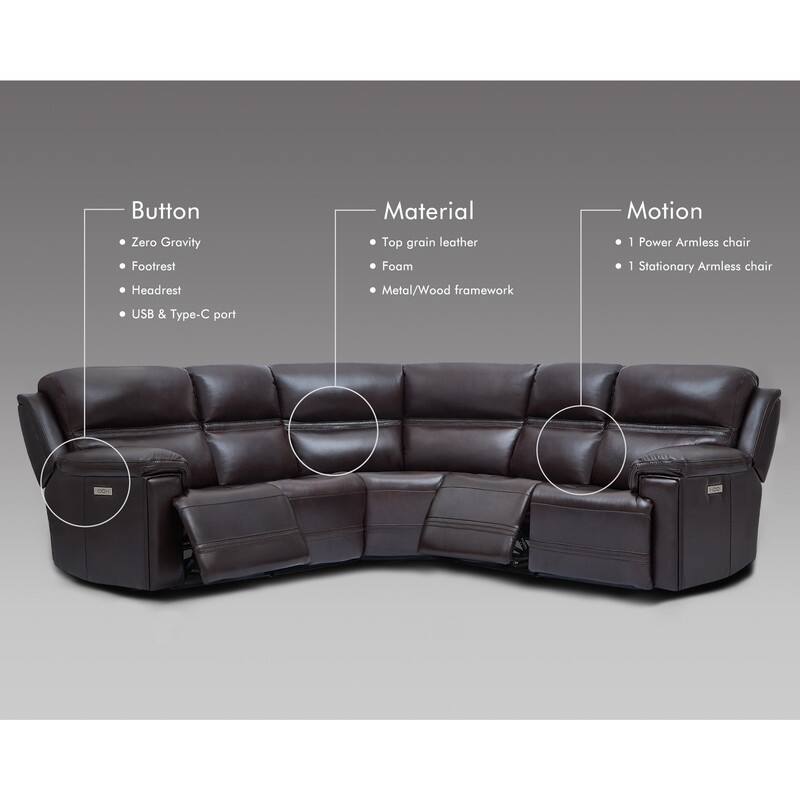 108" W Premium Genuine Leather Dual-Power Sectional Sofa with Zero Gravity, USB & Type-C Ports and 1 Power armless chair