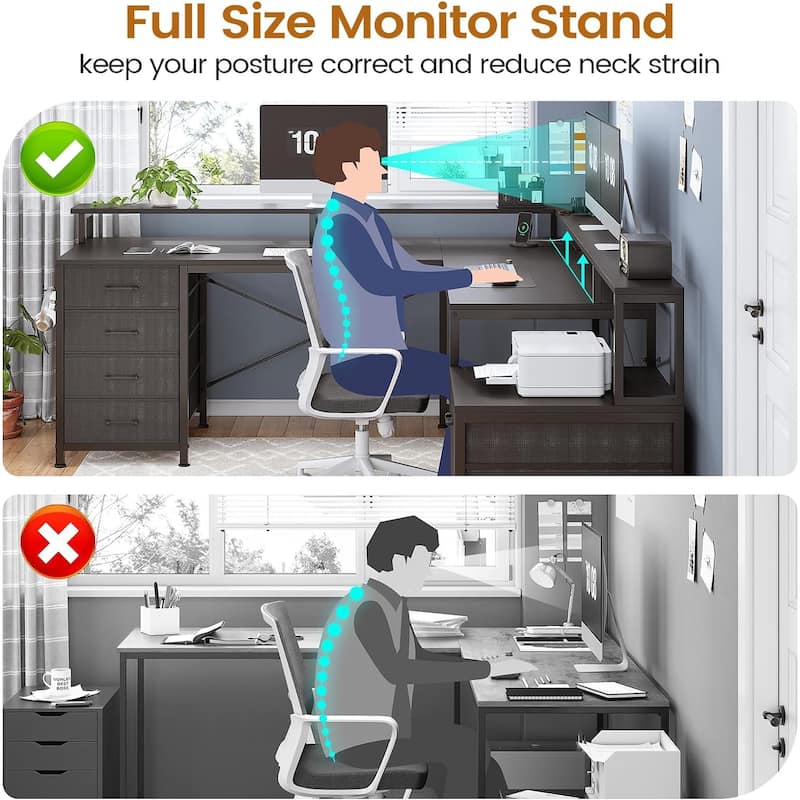 L Shaped Home Office Desk with 6 Drawer File Drawer Power Outlet