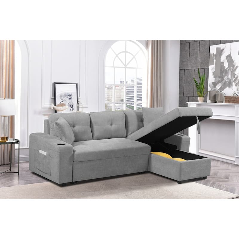 Upholstered Pull Out Sectional Sofa with Storage Chaise - Light Grey