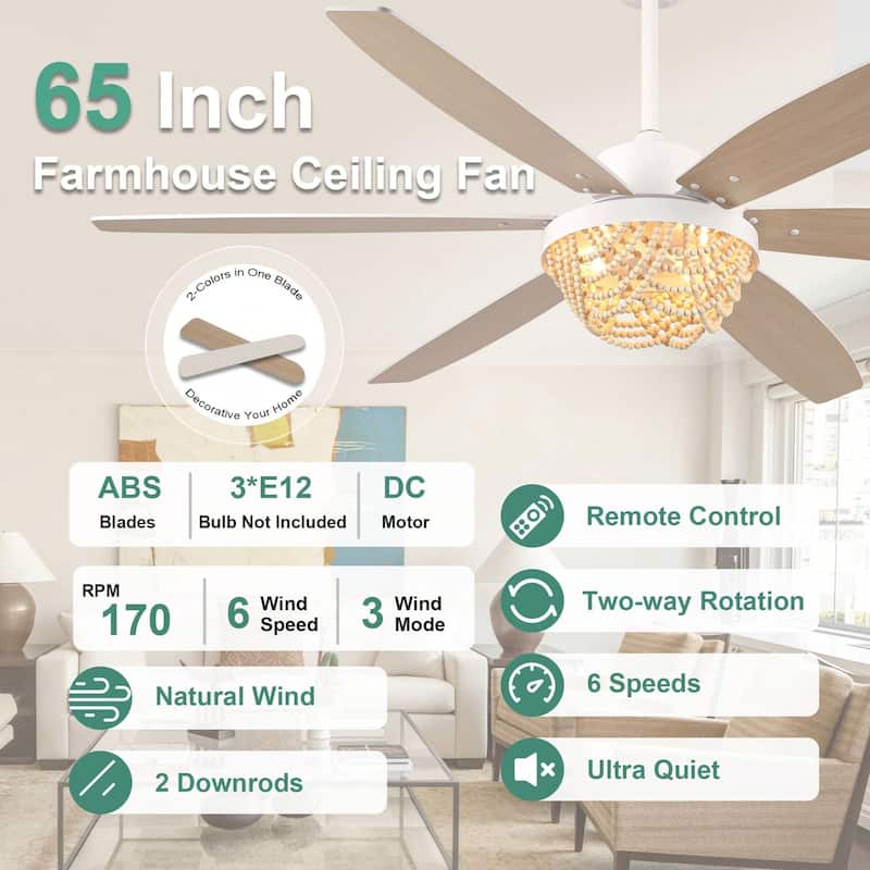 Cusp Barn 65" Boho White Ceiling Fan with Light and Remote, Farmhouse 6-Speed Wood Beaded Chandelier Ceiling Fan for Large Room