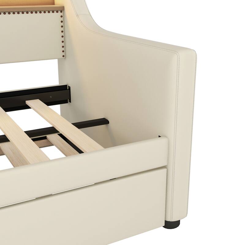 Roomfitters Upholstered Twin Daybed with Trundle, Built-in Charging Station & Lighting Headboard, Space-Saving Design
