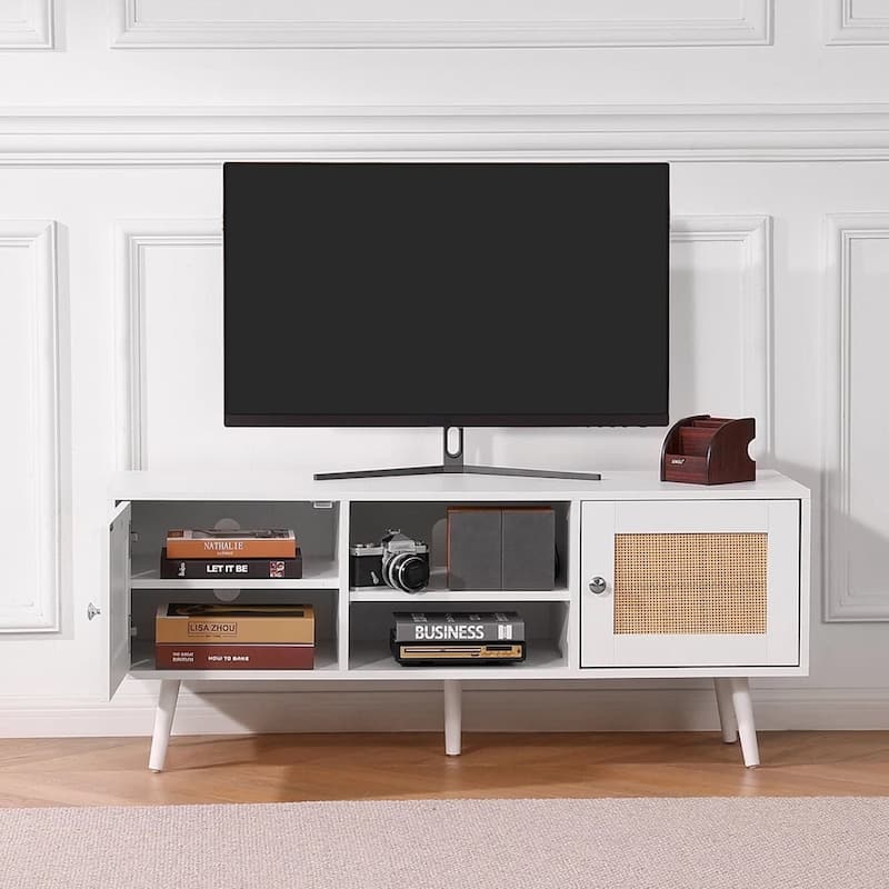 Rattan TV Stand for 55" Entertainment Center with Rattan Door White - 47 inches in width