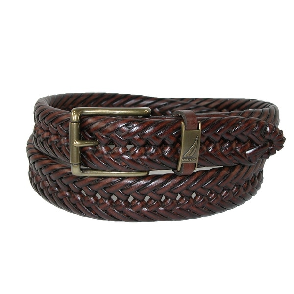 Nautica Men's Leather 1 1/4 Inch Handlaced Basket Weave Braided Belt