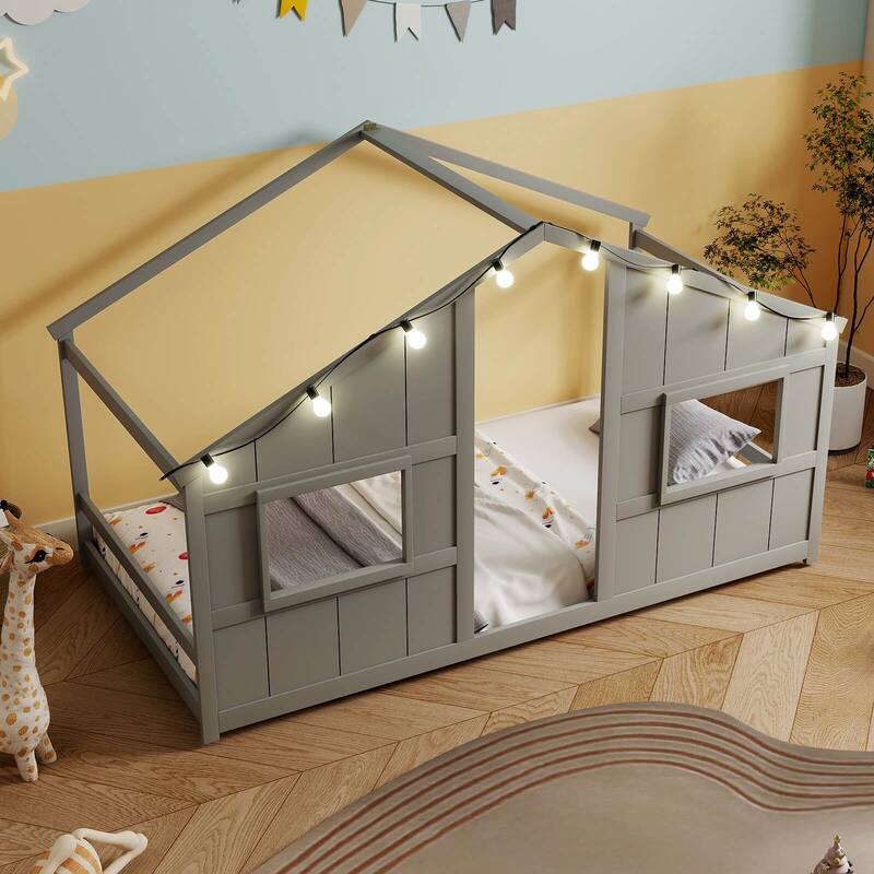 Costway Twin Size House Floor Bed with LED Lights Solid Wood Bed Frame
