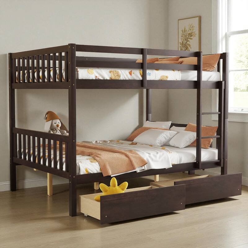 Full Over Full Rubber Wood Bunk Bed with 2 Storage Drawers, Convertible into 2 Full Beds, Ladder and Safety Guardrails