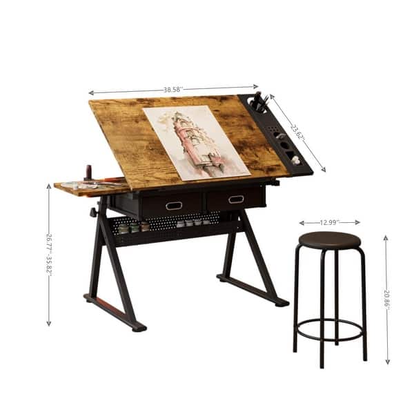 Adjustable drafting table and desk with two drawers for home, office and school, with stools