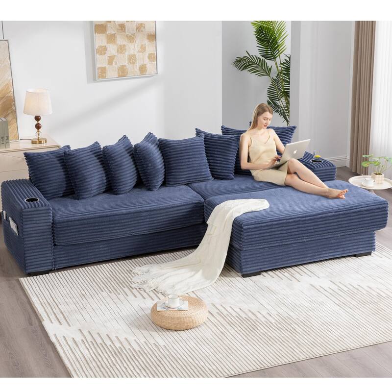 110.75" Corduroy Sectional Sofa, Convertible Sleeper Sofa Bed L-Shaped Upholstered Couch with Removable Footstool, Cup Holder