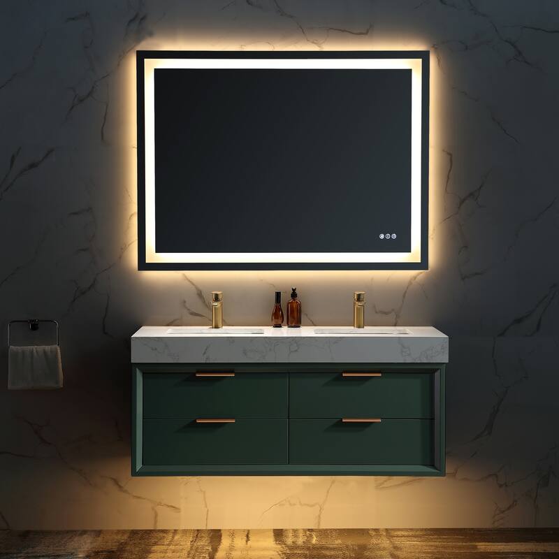 36/48/60 Modern LED Floating Bathroom Vanity with Single/Double Sink & Soft-Close Drawers & Waterproof, Green
