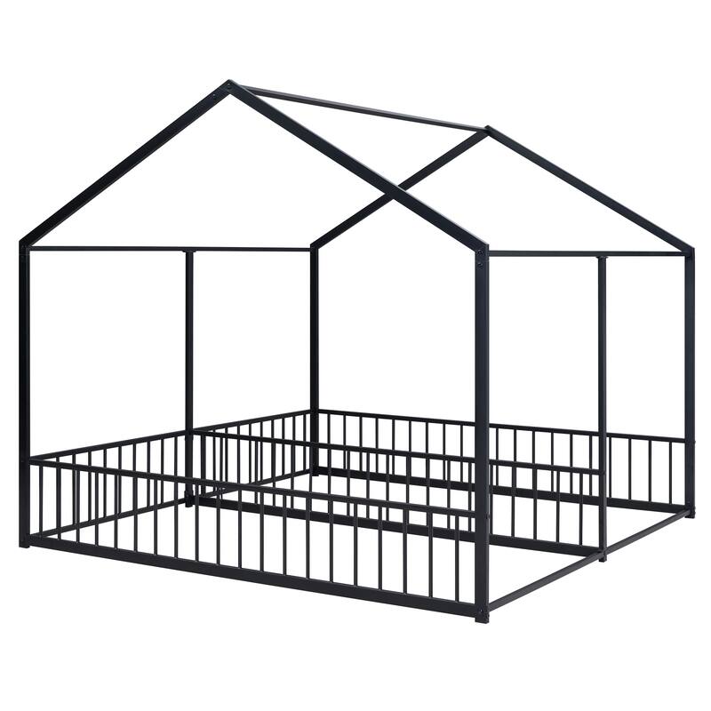 Twin Size Metal House Platform Bed with Roof, Windows, and Guardrails, 2-in-1 Bed Design, Easy Assembly