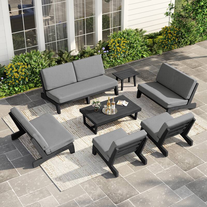Casual Large Teak Outdoor Patio Conversation Set - Dark Wood - Grey-7 Piece